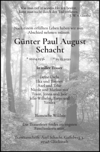 Traueranzeige von Günter Paul August Schacht von Norddeutsche Rundschau