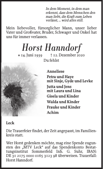 Traueranzeige von Horst Hanndorf von Nordfriesland Tageblatt