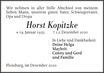 Traueranzeige von Horst Kopitzke von Flensburger Tageblatt
