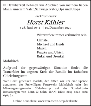 Traueranzeige von Horst Kähler von Flensburger Tageblatt
