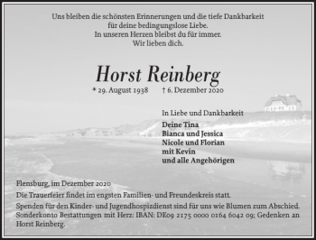 Traueranzeige von Horst Reinberg von Flensburger Tageblatt