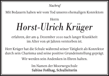 Traueranzeige von Horst-Ulrich Krüger von Wedel-Schulauer Tageblatt