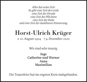 Traueranzeige von Horst-Ulrich Krüger von Wedel-Schulauer Tageblatt