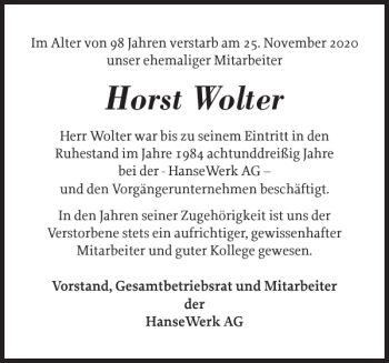 Traueranzeige von Horst Wolter von Landeszeitung