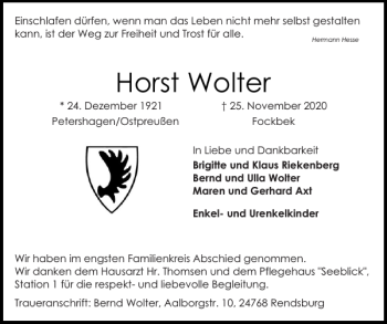 Traueranzeige von Horst Wolter von Landeszeitung