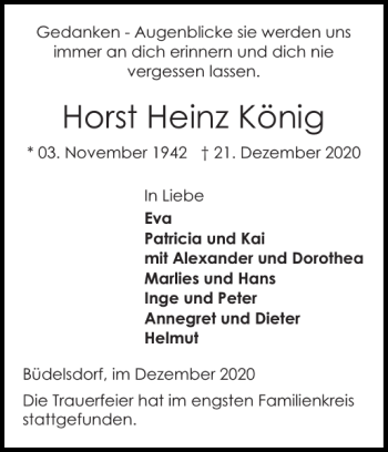 Traueranzeige von Horst Heinz König von Landeszeitung
