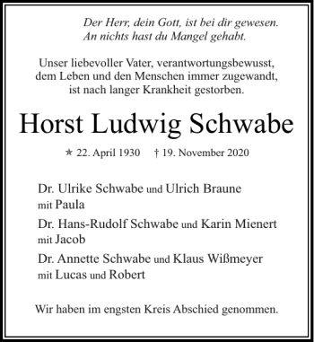 Traueranzeige von Horst Ludwig Schwabe von Stormarner Tageblatt