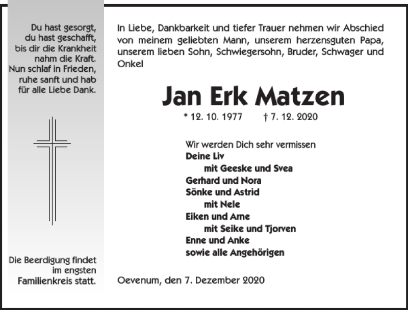 Traueranzeige für Jan Erk Matzen vom 09.12.2020 aus Der Insel-Bote