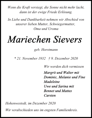 Traueranzeige von geb. Horstmann von Landeszeitung