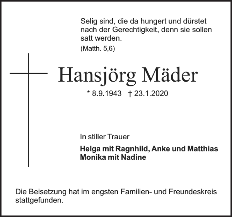  Traueranzeige für Hansjörg Mäder vom 08.02.2020 aus Holsteinischer Courier