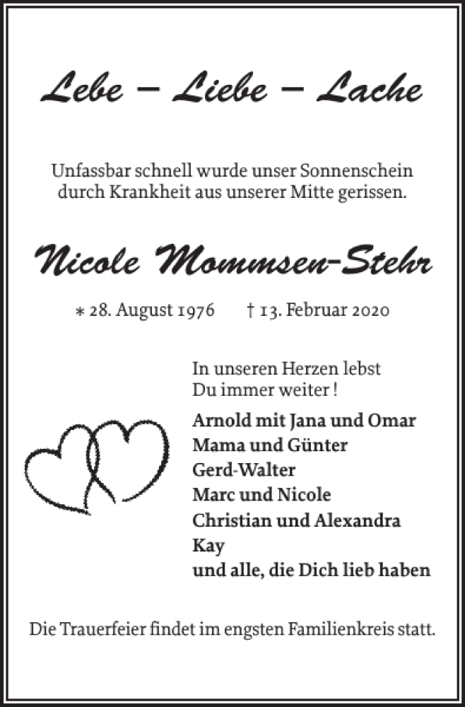 Traueranzeige für Nicole Mommsen-Stehr vom 22.02.2020 aus Flensburger Tageblatt
