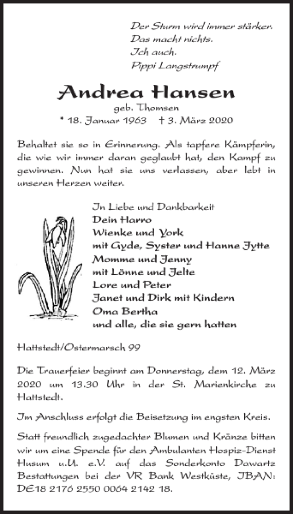  Traueranzeige für Andrea Hansen vom 07.03.2020 aus Husumer Nachrichten