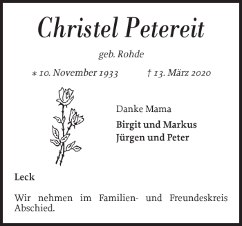 Traueranzeige von Christel Petereit von Nordfriesland Tageblatt