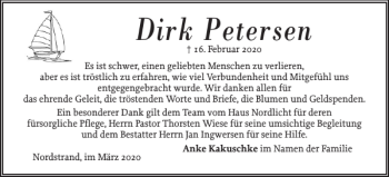 Traueranzeige von Dirk Petersen von Husumer Nachrichten