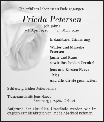 Traueranzeige von Frieda Petersen von Schleswiger Nachrichten