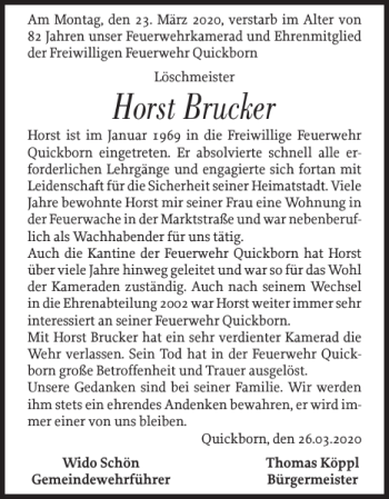 Traueranzeige von Horst Brucker von Pinneberger Tageblatt
