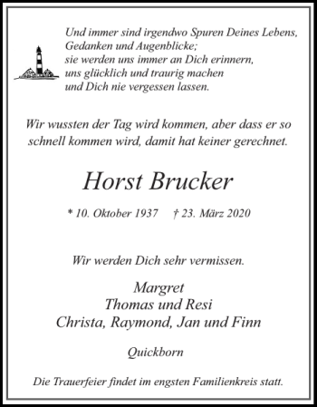 Traueranzeige von Horst Brucker von Pinneberger Tageblatt