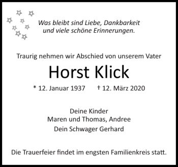 Traueranzeige von Horst Klick von Ostholsteiner Anzeiger