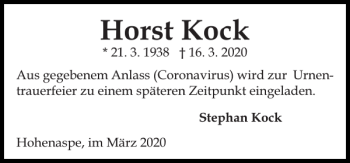 Traueranzeige von Horst Kock von Norddeutsche Rundschau