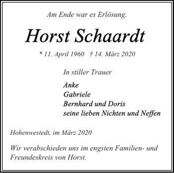 Traueranzeige von Horst Schaardt von Landeszeitung