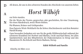 Traueranzeige von Horst Wilhöft von Flensburger Tageblatt
