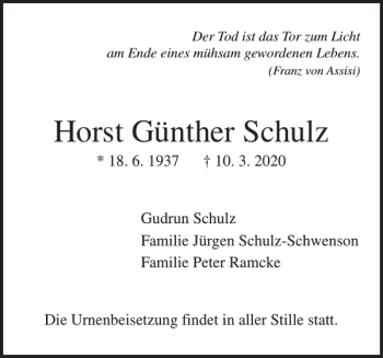 Traueranzeige von Horst Günther Schulz von Pinneberger Tageblatt