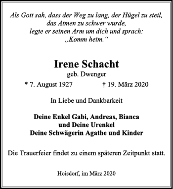 Traueranzeige von Irene Schacht von Stormarner Tageblatt