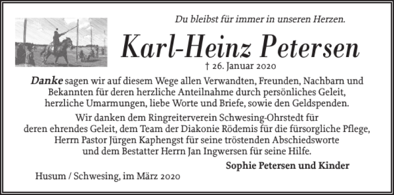  Traueranzeige für Karl-Heinz Petersen vom 21.03.2020 aus Husumer Nachrichten