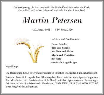 Traueranzeige von Martin Petersen von Flensburger Tageblatt