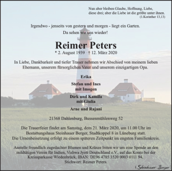 Traueranzeige von Reimer Peters von Husumer Nachrichten