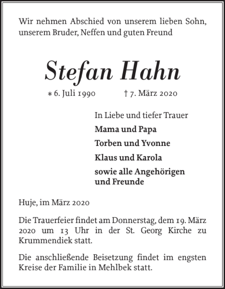  Traueranzeige für Stefan Hahn vom 14.03.2020 aus Norddeutsche Rundschau
