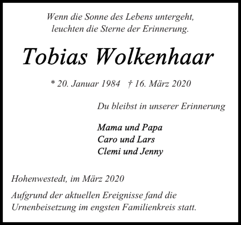  Traueranzeige für Tobias Wolkenhaar vom 28.03.2020 aus Landeszeitung