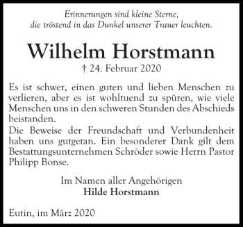 Traueranzeige von Wilhelm Horstmann von Ostholsteiner Anzeiger
