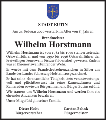 Traueranzeige von Wilhelm Horstmann von Ostholsteiner Anzeiger