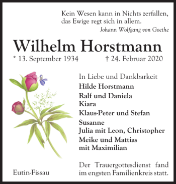 Traueranzeige von Wilhelm Horstmann von Ostholsteiner Anzeiger
