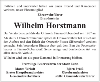 Traueranzeige von Wilhelm Horstmann von Ostholsteiner Anzeiger