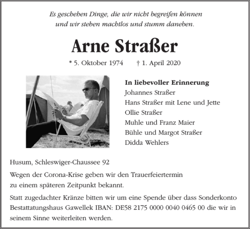  Traueranzeige für Arne Straßer vom 04.04.2020 aus Husumer Nachrichten
