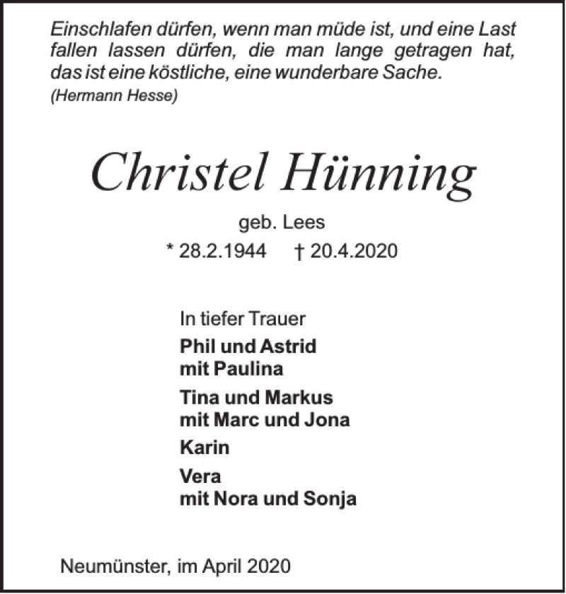  Traueranzeige für Christel Hünning vom 25.04.2020 aus Holsteinischer Courier