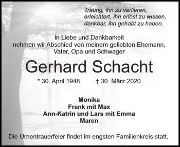 Traueranzeige von Gerhard Schacht von Holsteinischer Courier