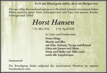 Traueranzeige von Horst Hansen von Husumer Nachrichten