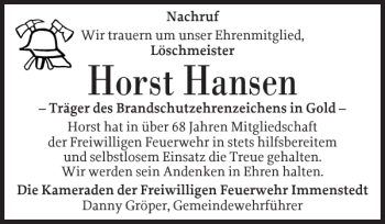 Traueranzeige von Horst Hansen von Husumer Nachrichten