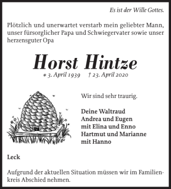 Traueranzeige von Horst Hintze von Flensburger Tageblatt