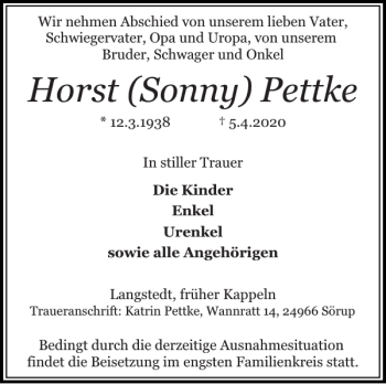 Traueranzeige von Horst Pettke von Schlei-Bote