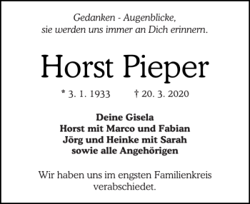 Traueranzeige von Horst Pieper von Landeszeitung