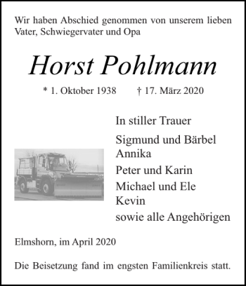 Traueranzeige von Horst Pohlmann von Elmshorner Nachrichten