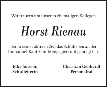 Traueranzeige von Horst Rienau von Holsteinischer Courier