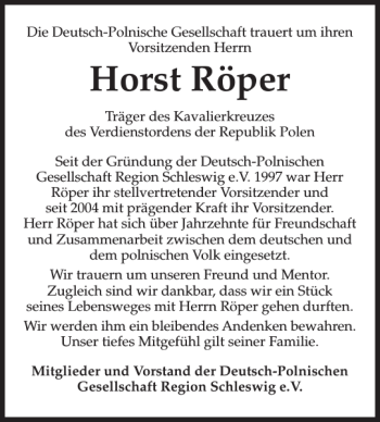 Traueranzeige von Horst Röper von Flensburger Tageblatt