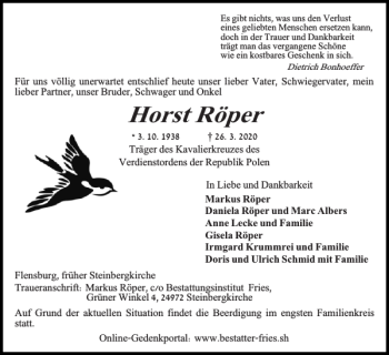 Traueranzeige von Horst Röper von Flensburger Tageblatt