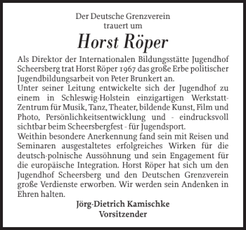 Traueranzeige von Horst Röper von Flensburger Tageblatt