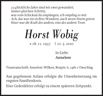 Traueranzeige von Horst Wobig von Landeszeitung